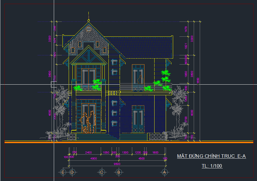 File Autocad Kiến Trúc Thiết Kế Biệt Thự 2 Tầng Phong Cách Hiện Đại Kích Thước 9,5x14m